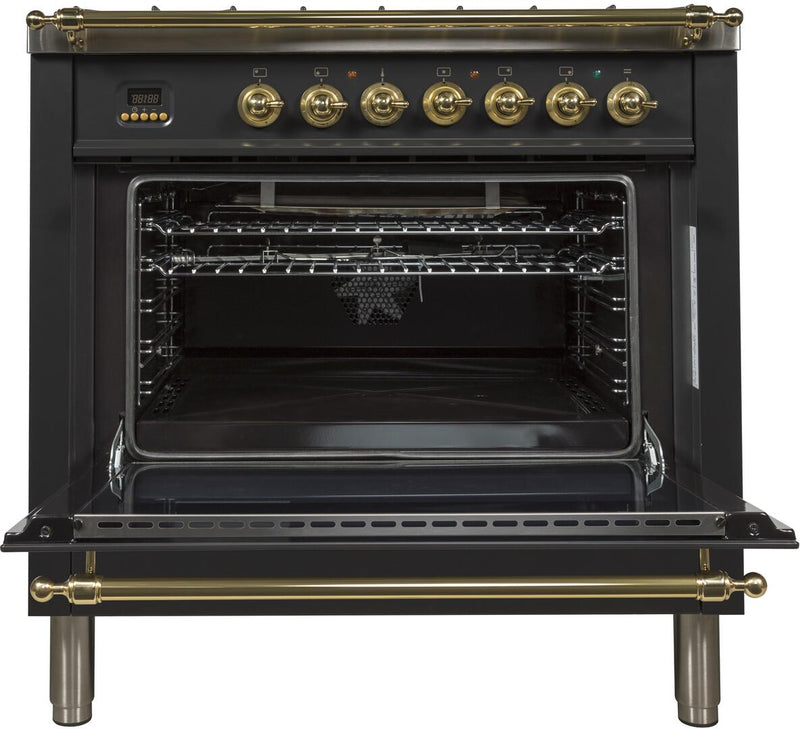 ILVE 36" Nostalgie - Dual Fuel Range with 5 Sealed Brass Burners - 3 cu. ft. Oven - Brass Trim in Glossy Black (UPN90FDMPN) Ranges ILVE 