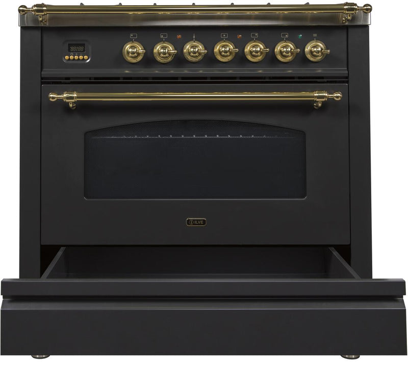 ILVE 36" Nostalgie - Dual Fuel Range with 5 Sealed Brass Burners - 3 cu. ft. Oven - Brass Trim in Glossy Black (UPN90FDMPN) Ranges ILVE 