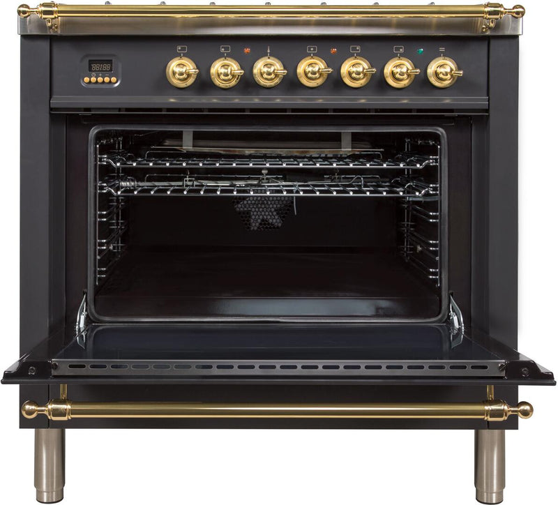 ILVE 36" Nostalgie - Dual Fuel Range with 5 Sealed Brass Burners - 3 cu. ft. Oven - Brass Trim in Matte Graphite (UPN90FDMPM) Ranges ILVE 