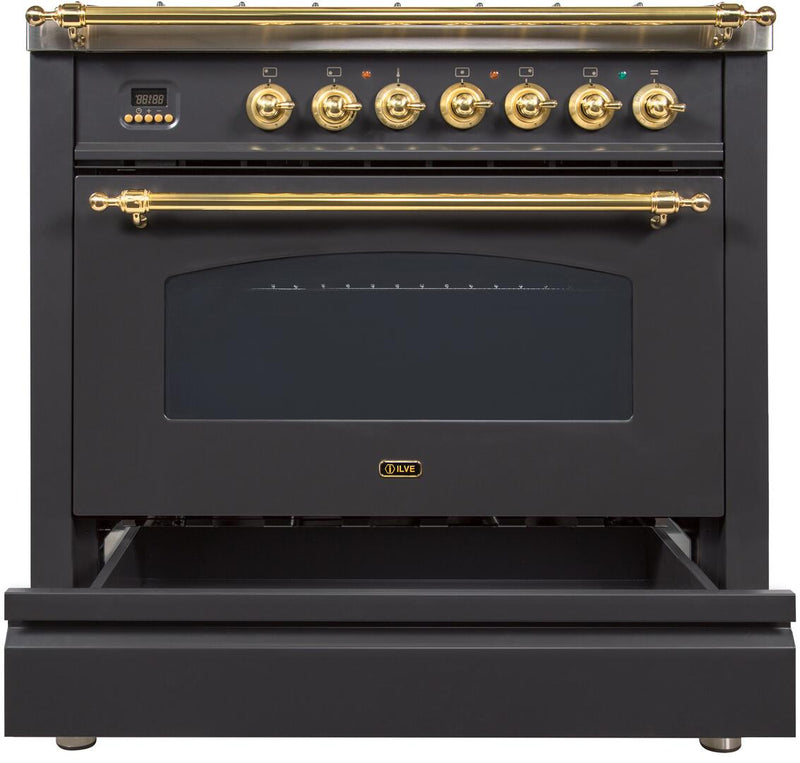 ILVE 36" Nostalgie - Dual Fuel Range with 5 Sealed Brass Burners - 3 cu. ft. Oven - Brass Trim in Matte Graphite (UPN90FDMPM) Ranges ILVE 