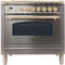 ILVE 36-Inch Nostalgie - Dual Fuel Range with 5 Sealed Brass Burners - 3 cu. ft. Oven - Brass Trim in Stainless Steel (UPN90FDMPI)