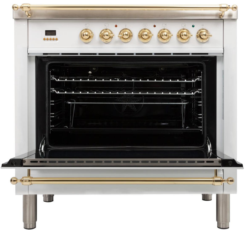 ILVE 36" Nostalgie - Dual Fuel Range with 5 Sealed Brass Burners - 3 cu. ft. Oven - Brass Trim in White (UPN90FDMPB) Ranges ILVE 