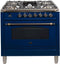 ILVE 36-Inch Nostalgie - Dual Fuel Range with 5 Sealed Brass Burners - 3 cu. ft. Oven - Bronze Trim in Blue (UPN90FDMPBLY)