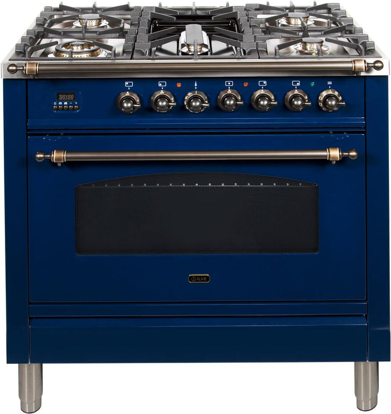 ILVE 36" Nostalgie - Dual Fuel Range with 5 Sealed Brass Burners - 3 cu. ft. Oven - Bronze Trim in Blue (UPN90FDMPBLY) Ranges ILVE 