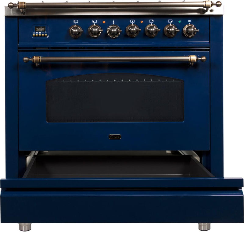 ILVE 36" Nostalgie - Dual Fuel Range with 5 Sealed Brass Burners - 3 cu. ft. Oven - Bronze Trim in Blue (UPN90FDMPBLY) Ranges ILVE 