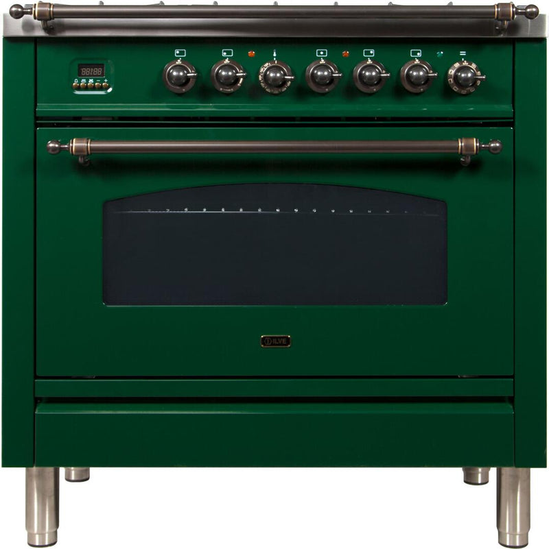 ILVE 36" Nostalgie - Dual Fuel Range with 5 Sealed Brass Burners - 3 cu. ft. Oven - Bronze Trim in Emerald Green (UPN90FDMPVSY) Ranges ILVE 