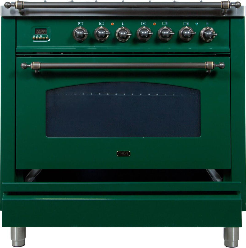 ILVE 36" Nostalgie - Dual Fuel Range with 5 Sealed Brass Burners - 3 cu. ft. Oven - Bronze Trim in Emerald Green (UPN90FDMPVSY) Ranges ILVE 