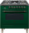 ILVE 36-Inch Nostalgie - Dual Fuel Range with 5 Sealed Brass Burners - 3 cu. ft. Oven - Bronze Trim in Emerald Green (UPN90FDMPVSY)