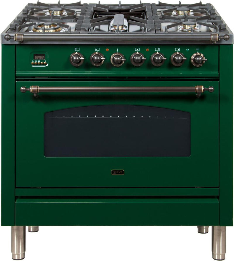 ILVE 36" Nostalgie - Dual Fuel Range with 5 Sealed Brass Burners - 3 cu. ft. Oven - Bronze Trim in Emerald Green (UPN90FDMPVSY) Ranges ILVE 