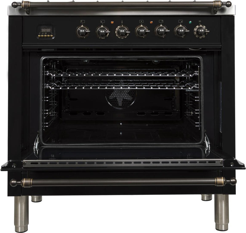 ILVE 36" Nostalgie - Dual Fuel Range with 5 Sealed Brass Burners - 3 cu. ft. Oven - Bronze Trim in Glossy Black (UPN90FDMPNY) Ranges ILVE 