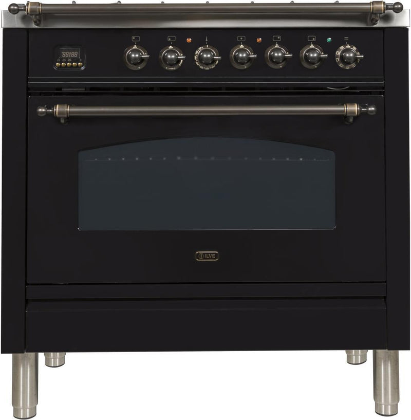 ILVE 36" Nostalgie - Dual Fuel Range with 5 Sealed Brass Burners - 3 cu. ft. Oven - Bronze Trim in Glossy Black (UPN90FDMPNY) Ranges ILVE 