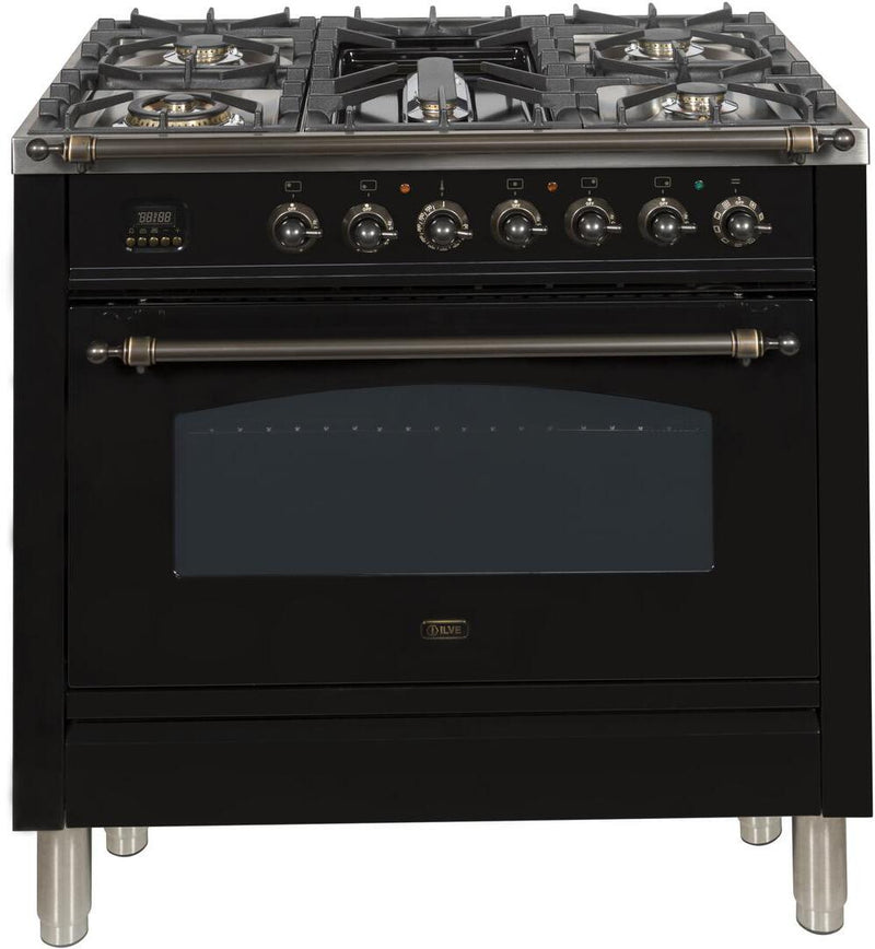 ILVE 36" Nostalgie - Dual Fuel Range with 5 Sealed Brass Burners - 3 cu. ft. Oven - Bronze Trim in Glossy Black (UPN90FDMPNY) Ranges ILVE 