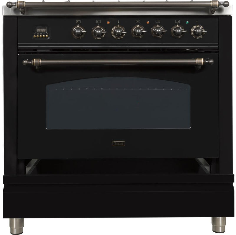 ILVE 36" Nostalgie - Dual Fuel Range with 5 Sealed Brass Burners - 3 cu. ft. Oven - Bronze Trim in Glossy Black (UPN90FDMPNY) Ranges ILVE 