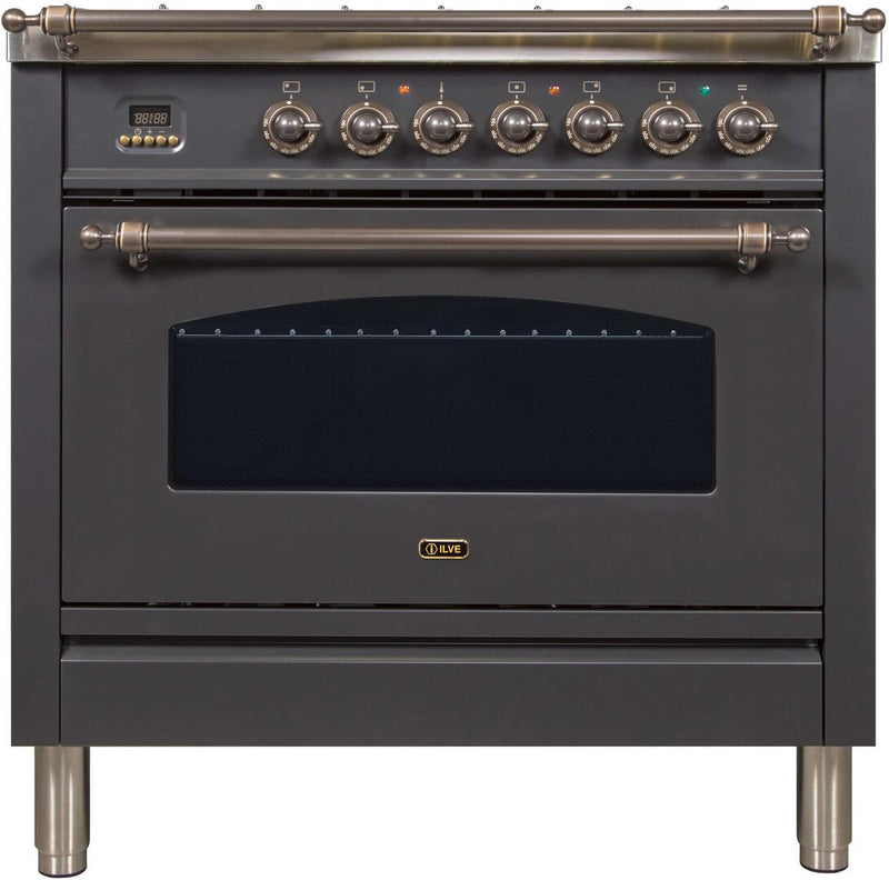 ILVE 36" Nostalgie - Dual Fuel Range with 5 Sealed Brass Burners - 3 cu. ft. Oven - Bronze Trim in Matte Graphite (UPN90FDMPMY) Ranges ILVE 