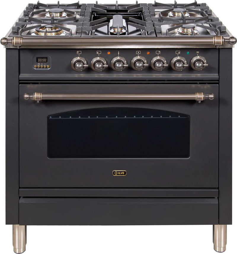 ILVE 36" Nostalgie - Dual Fuel Range with 5 Sealed Brass Burners - 3 cu. ft. Oven - Bronze Trim in Matte Graphite (UPN90FDMPMY) Ranges ILVE 