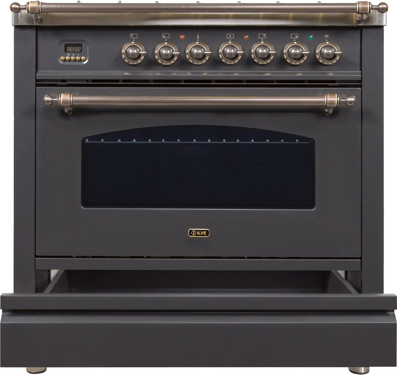 ILVE 36" Nostalgie - Dual Fuel Range with 5 Sealed Brass Burners - 3 cu. ft. Oven - Bronze Trim in Matte Graphite (UPN90FDMPMY) Ranges ILVE 