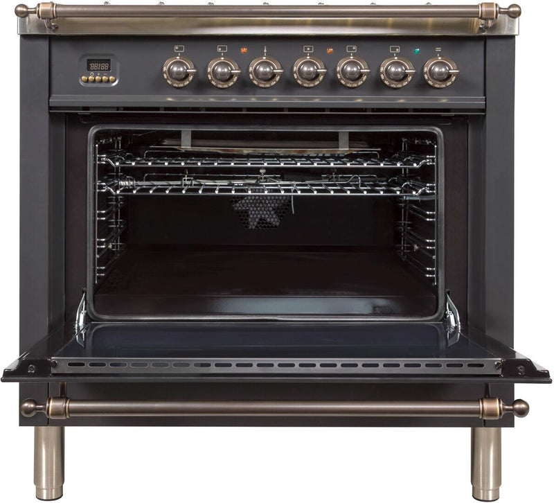 ILVE 36" Nostalgie - Dual Fuel Range with 5 Sealed Brass Burners - 3 cu. ft. Oven - Bronze Trim in Matte Graphite (UPN90FDMPMY) Ranges ILVE 