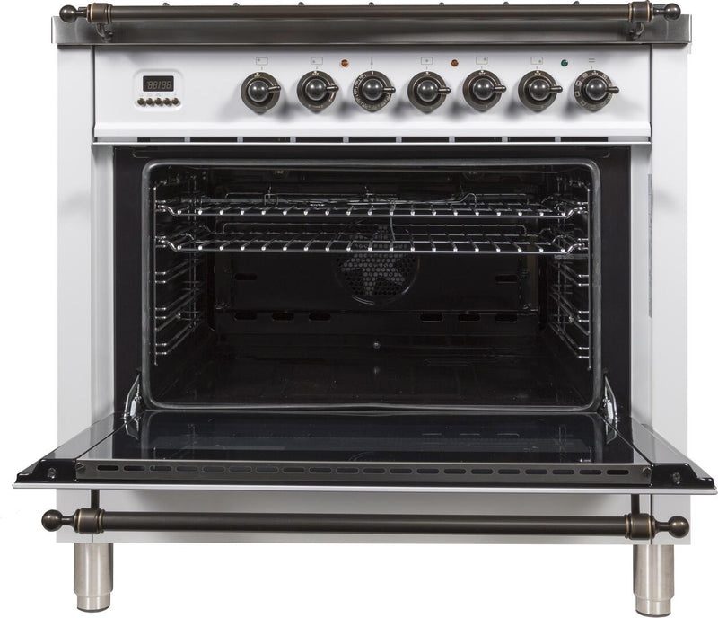 ILVE 36" Nostalgie - Dual Fuel Range with 5 Sealed Brass Burners - 3 cu. ft. Oven - Bronze Trim in White (UPN90FDMPBY) Ranges ILVE 