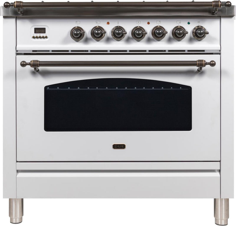 ILVE 36" Nostalgie - Dual Fuel Range with 5 Sealed Brass Burners - 3 cu. ft. Oven - Bronze Trim in White (UPN90FDMPBY) Ranges ILVE 