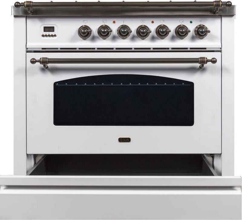 ILVE 36" Nostalgie - Dual Fuel Range with 5 Sealed Brass Burners - 3 cu. ft. Oven - Bronze Trim in White (UPN90FDMPBY) Ranges ILVE 