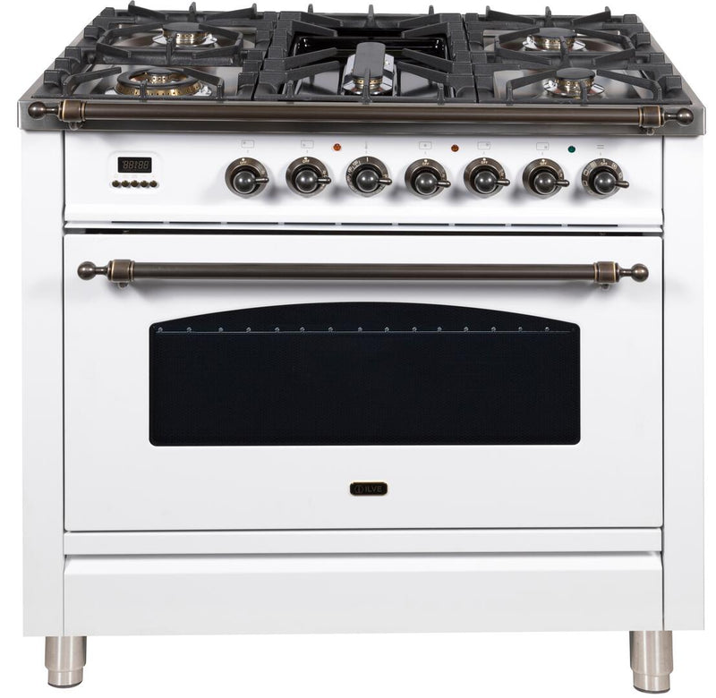 ILVE 36" Nostalgie - Dual Fuel Range with 5 Sealed Brass Burners - 3 cu. ft. Oven - Bronze Trim in White (UPN90FDMPBY) Ranges ILVE 