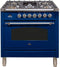 ILVE 36-Inch Nostalgie - Dual Fuel Range with 5 Sealed Brass Burners - 3 cu. ft. Oven - Chrome Trim in Blue (UPN90FDMPBLX)