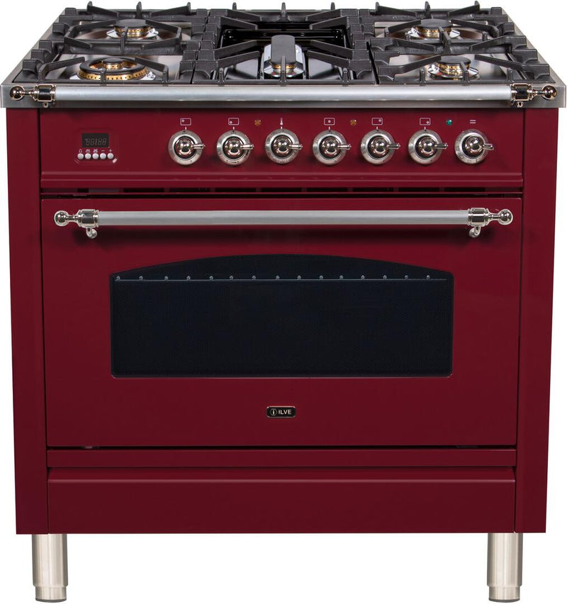 ILVE 36" Nostalgie - Dual Fuel Range with 5 Sealed Brass Burners - 3 cu. ft. Oven - Chrome Trim in Burgundy (UPN90FDMPRBX) Ranges ILVE 