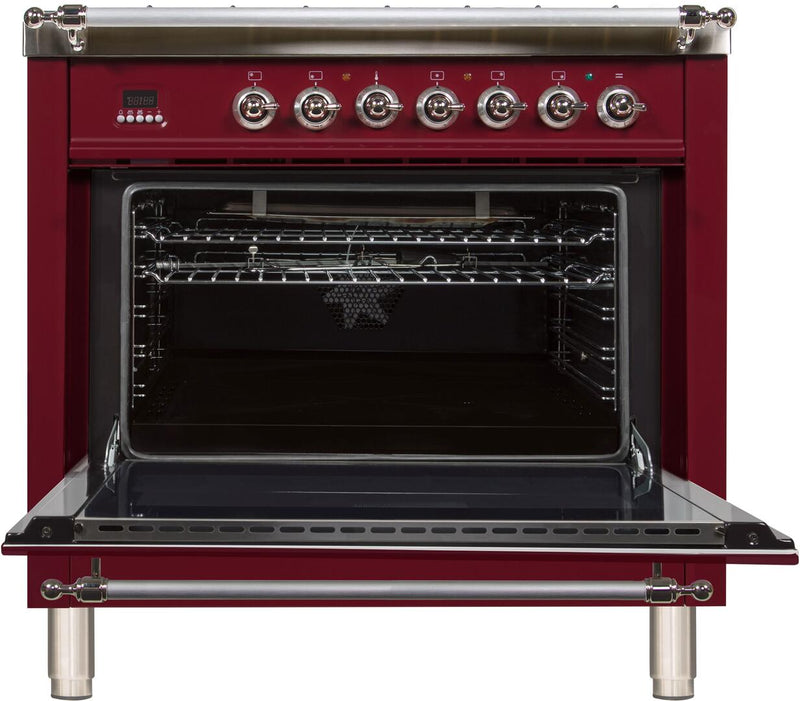 ILVE 36" Nostalgie - Dual Fuel Range with 5 Sealed Brass Burners - 3 cu. ft. Oven - Chrome Trim in Burgundy (UPN90FDMPRBX) Ranges ILVE 