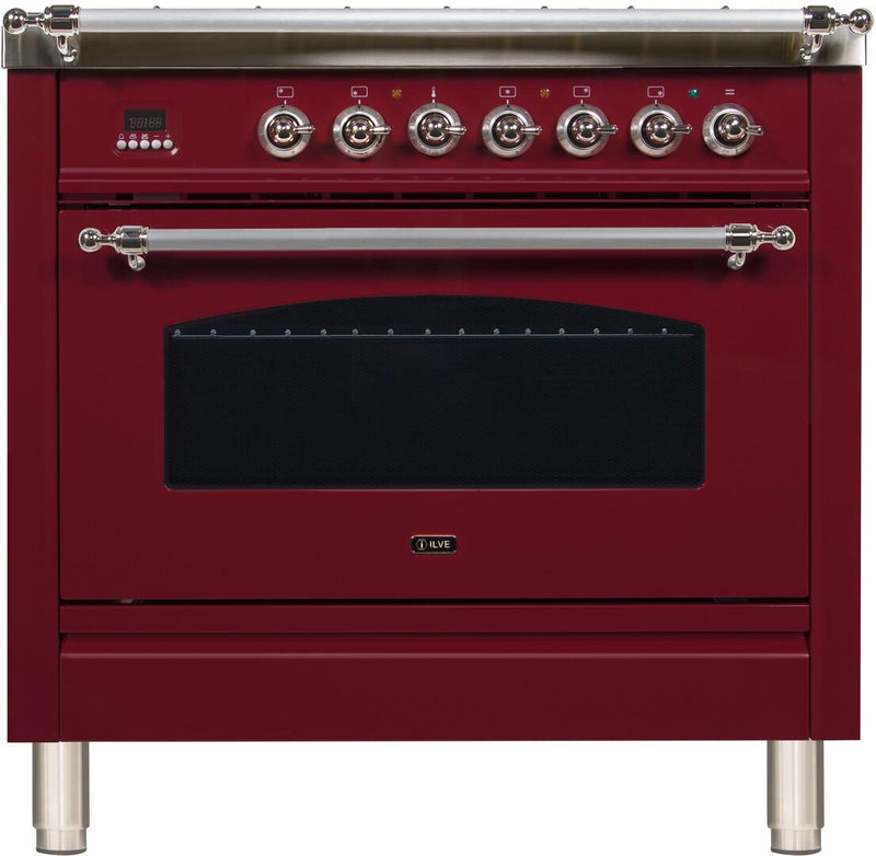 ILVE 36" Nostalgie - Dual Fuel Range with 5 Sealed Brass Burners - 3 cu. ft. Oven - Chrome Trim in Burgundy (UPN90FDMPRBX) Ranges ILVE 