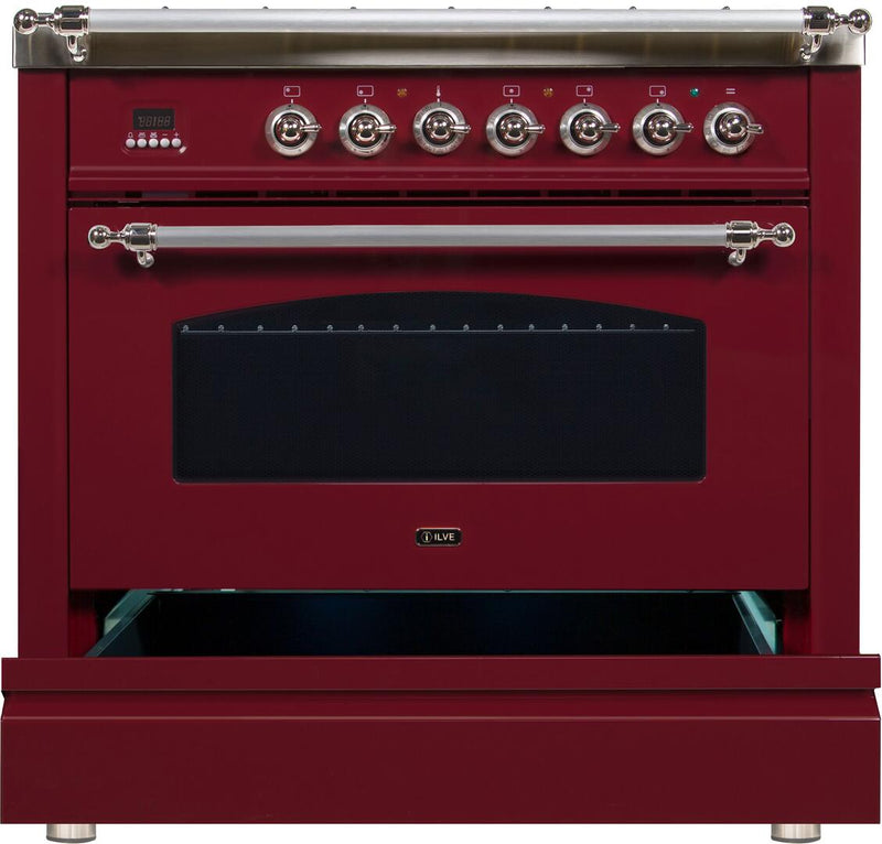 ILVE 36" Nostalgie - Dual Fuel Range with 5 Sealed Brass Burners - 3 cu. ft. Oven - Chrome Trim in Burgundy (UPN90FDMPRBX) Ranges ILVE 