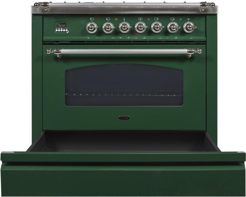 ILVE 36" Nostalgie - Dual Fuel Range with 5 Sealed Brass Burners - 3 cu. ft. Oven - Chrome Trim in Emerald Green (UPN90FDMPVSX) Ranges ILVE 