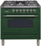 ILVE 36-Inch Nostalgie - Dual Fuel Range with 5 Sealed Brass Burners - 3 cu. ft. Oven - Chrome Trim in Emerald Green (UPN90FDMPVSX)