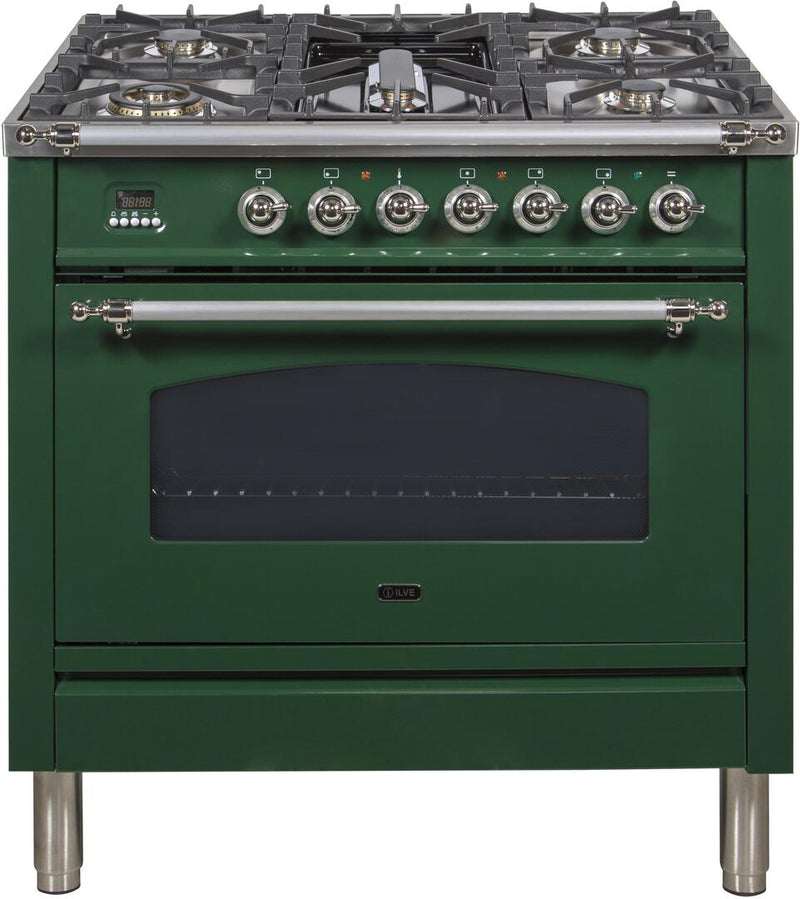 ILVE 36" Nostalgie - Dual Fuel Range with 5 Sealed Brass Burners - 3 cu. ft. Oven - Chrome Trim in Emerald Green (UPN90FDMPVSX) Ranges ILVE 