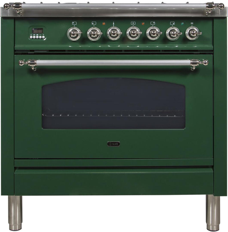 ILVE 36" Nostalgie - Dual Fuel Range with 5 Sealed Brass Burners - 3 cu. ft. Oven - Chrome Trim in Emerald Green (UPN90FDMPVSX) Ranges ILVE 