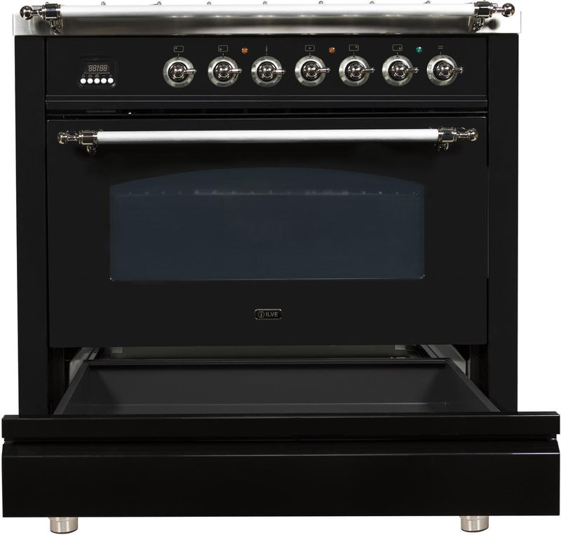 ILVE 36" Nostalgie - Dual Fuel Range with 5 Sealed Brass Burners - 3 cu. ft. Oven - Chrome Trim in Glossy Black (UPN90FDMPNX) Ranges ILVE 