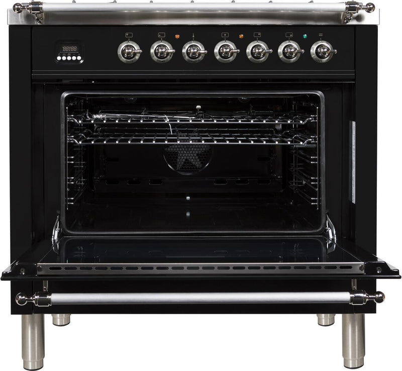 ILVE 36" Nostalgie - Dual Fuel Range with 5 Sealed Brass Burners - 3 cu. ft. Oven - Chrome Trim in Glossy Black (UPN90FDMPNX) Ranges ILVE 