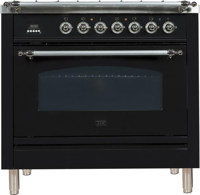 ILVE 36" Nostalgie - Dual Fuel Range with 5 Sealed Brass Burners - 3 cu. ft. Oven - Chrome Trim in Glossy Black (UPN90FDMPNX) Ranges ILVE 