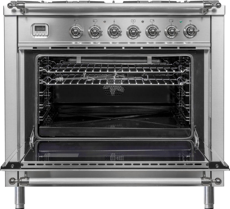 ILVE 36" Nostalgie Gas Range with 4 Sealed Burners - 3.5 cu. ft. Oven - Brass Trim in Stainless Steel (UPN90FVGGIX) Ranges ILVE 