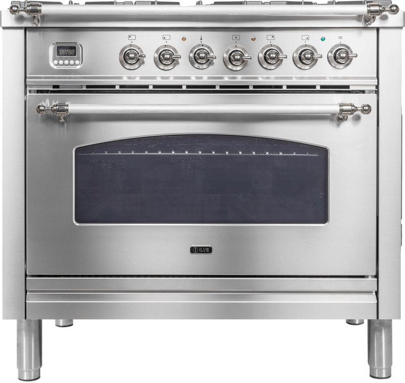 ILVE 36" Nostalgie Gas Range with 4 Sealed Burners - 3.5 cu. ft. Oven - Brass Trim in Stainless Steel (UPN90FVGGIX) Ranges ILVE 