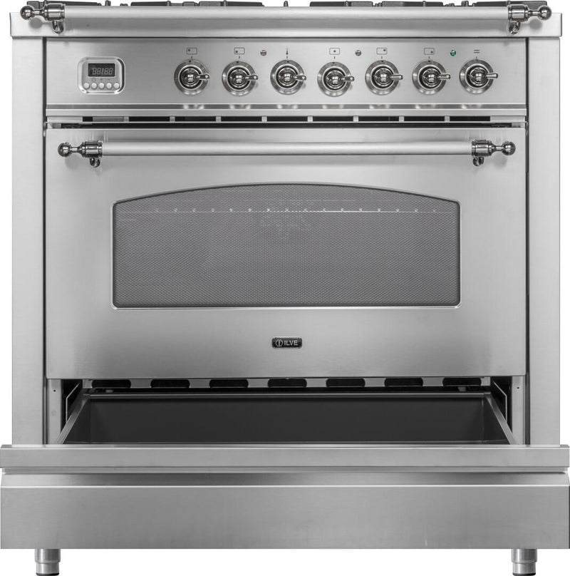 ILVE 36" Nostalgie Gas Range with 4 Sealed Burners - 3.5 cu. ft. Oven - Brass Trim in Stainless Steel (UPN90FVGGIX) Ranges ILVE 