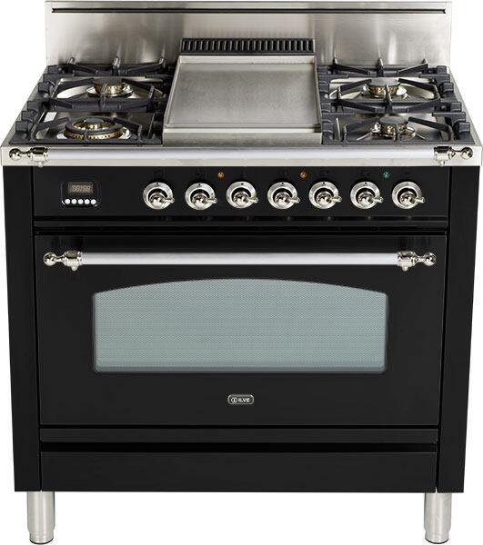 ILVE 36" Nostalgie Gas Range with 4 Sealed Burners - 3.5 cu. ft. Oven - Chrome Trim in Gloss Black (UPN90FVGGNX) Ranges ILVE 