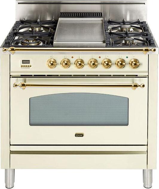 ILVE 36" Nostalgie Gas Range with 5 Burners - Griddle - 3.5 cu. ft. Oven - Brass Trim in Antique White (UPN90FDVGGA) Ranges ILVE 