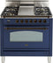 ILVE 36-Inch Nostalgie Gas Range with 5 Burners - Griddle - 3.5 cu. ft. Oven - Bronze Trim in Blue (UPN90FDVGGBLY)