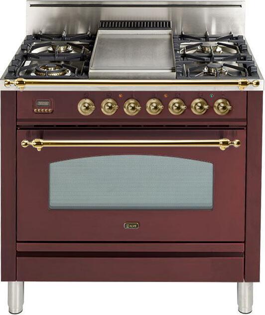 ILVE 36" Nostalgie Gas Range with 5 Burners - Griddle - 3.5 cu. ft. Oven - Brass Trim in Burgundy (UPN90FDVGGRB) Ranges ILVE 