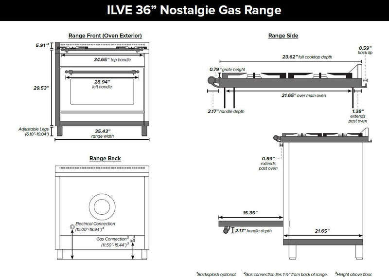 ILVE 36" Nostalgie Gas Range with 5 Burners - Griddle - 3.5 cu. ft. Oven - Brass Trim in Burgundy (UPN90FDVGGRB) Ranges ILVE 