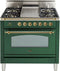ILVE 36-Inch Nostalgie Gas Range with 5 Burners - Griddle - 3.5 cu. ft. Oven - Brass Trim in Emerald Green (UPN90FDVGGVS)