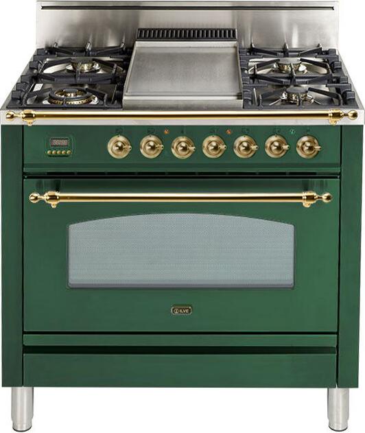 ILVE 36" Nostalgie Gas Range with 5 Burners - Griddle - 3.5 cu. ft. Oven - Brass Trim in Emerald Green (UPN90FDVGGVS) Ranges ILVE 