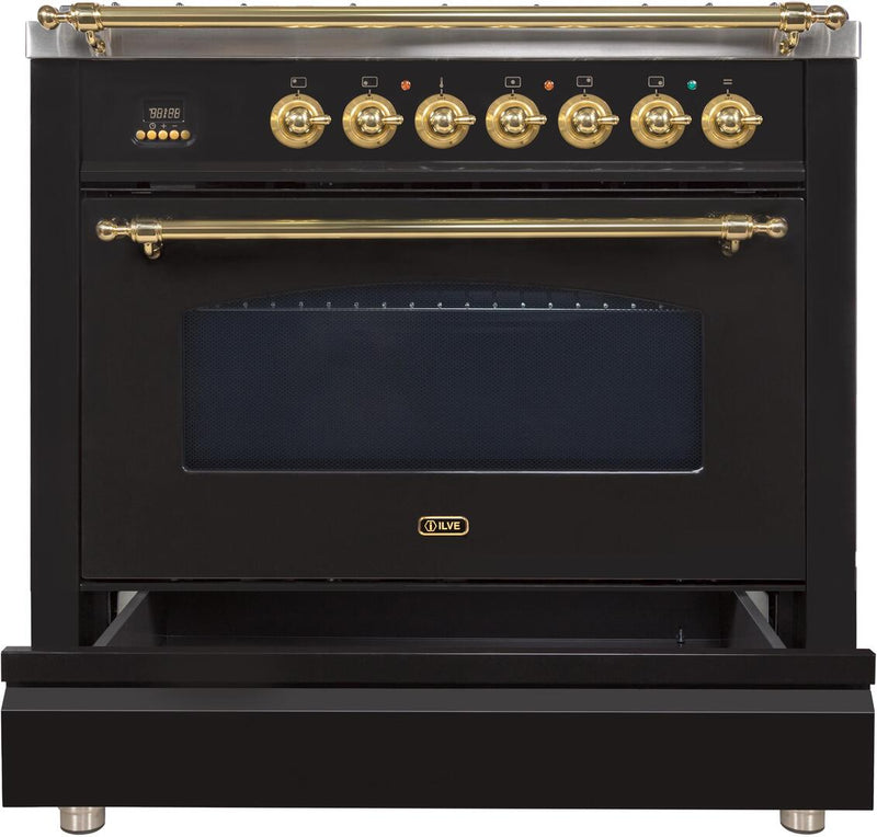 ILVE 36" Nostalgie Gas Range with 5 Burners - Griddle - 3.5 cu. ft. Oven - Brass Trim in Gloss Black (UPN90FDVGGN) Ranges ILVE 