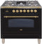 ILVE 36-Inch Nostalgie Gas Range with 5 Burners - Griddle - 3.5 cu. ft. Oven - Brass Trim in Gloss Black (UPN90FDVGGN)