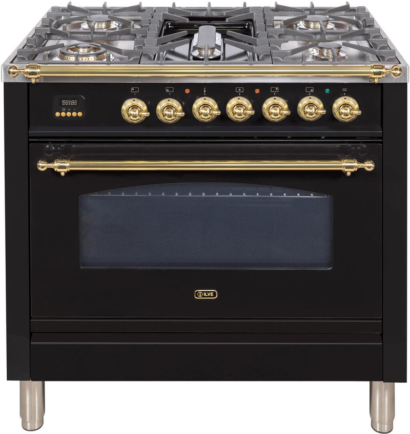 ILVE 36" Nostalgie Gas Range with 5 Burners - Griddle - 3.5 cu. ft. Oven - Brass Trim in Gloss Black (UPN90FDVGGN) Ranges ILVE 